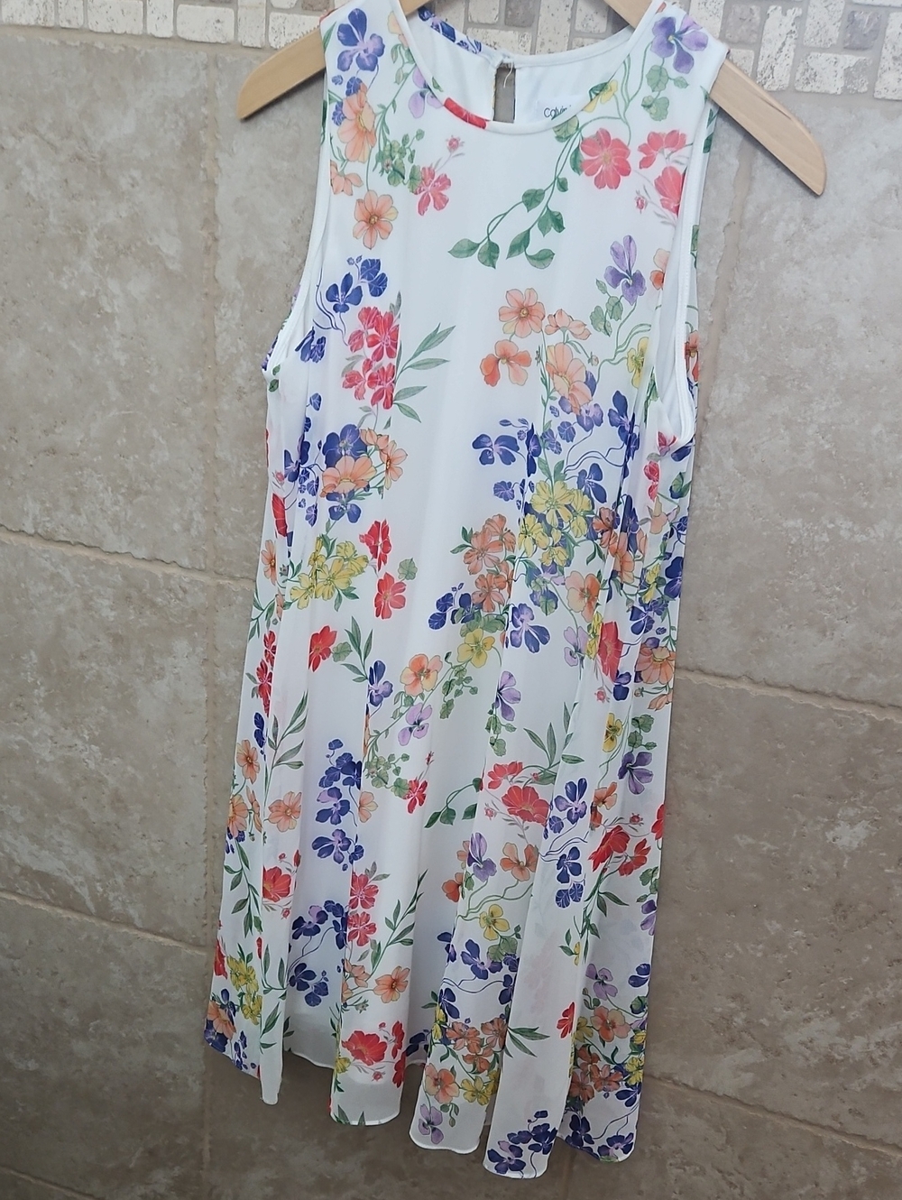 Floral Sleeveless A-Line Dress - White with Multi-Color Flowers
